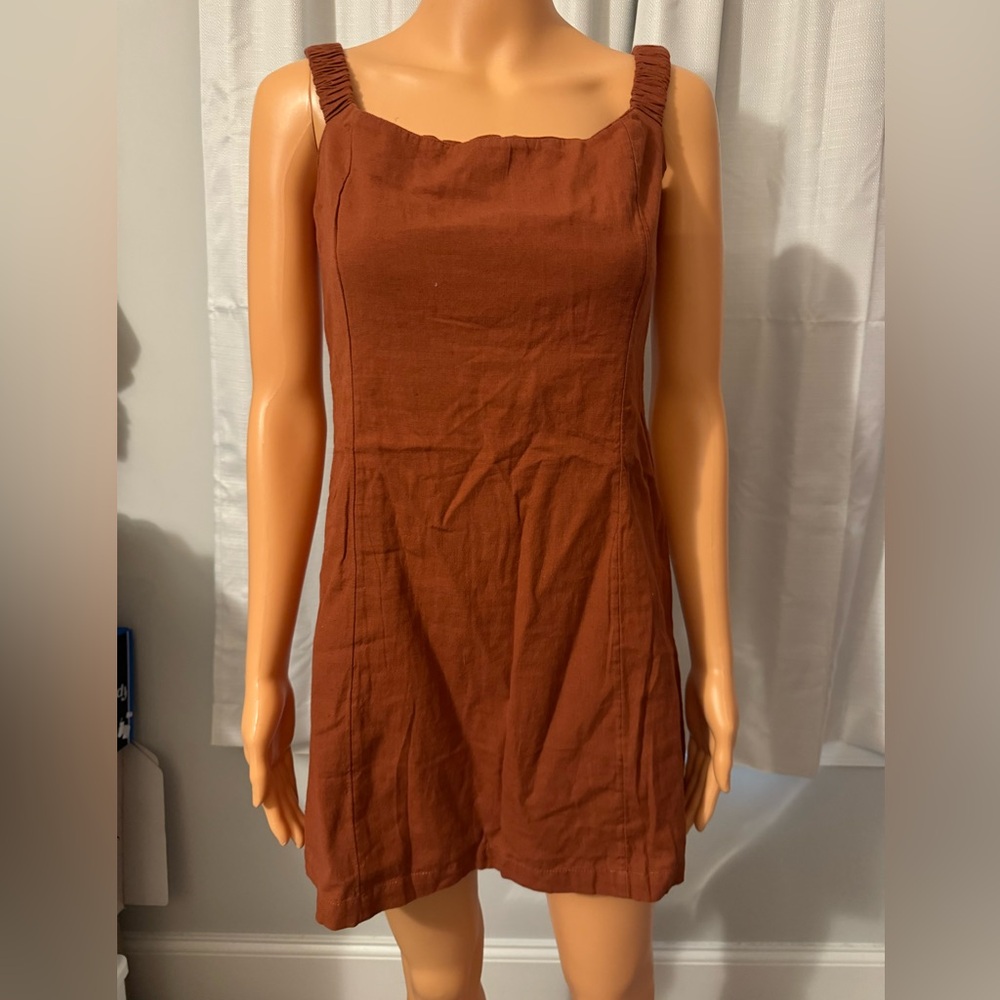 Cute Free People size M brown rust tie back linen blend dress women new